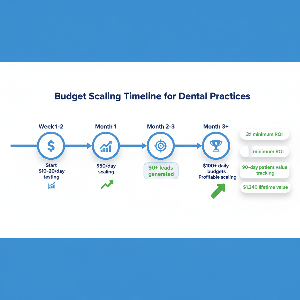 Dental practice Facebook advertising budget scaling timeline from testing phase to profitable growth with ROI benchmarks
