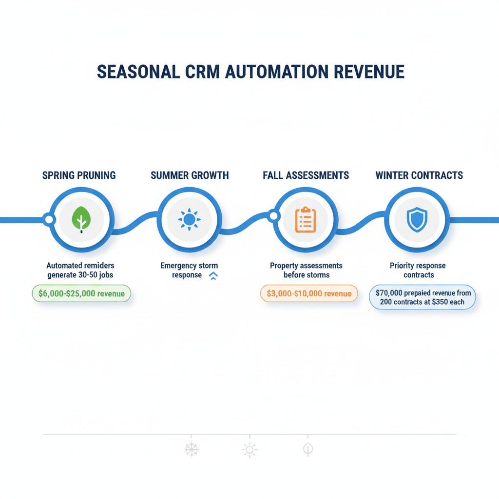 Seasonal tree service CRM automation timeline showing spring pruning, storm response, fall assessments, and winter contract opportunities with revenue figures