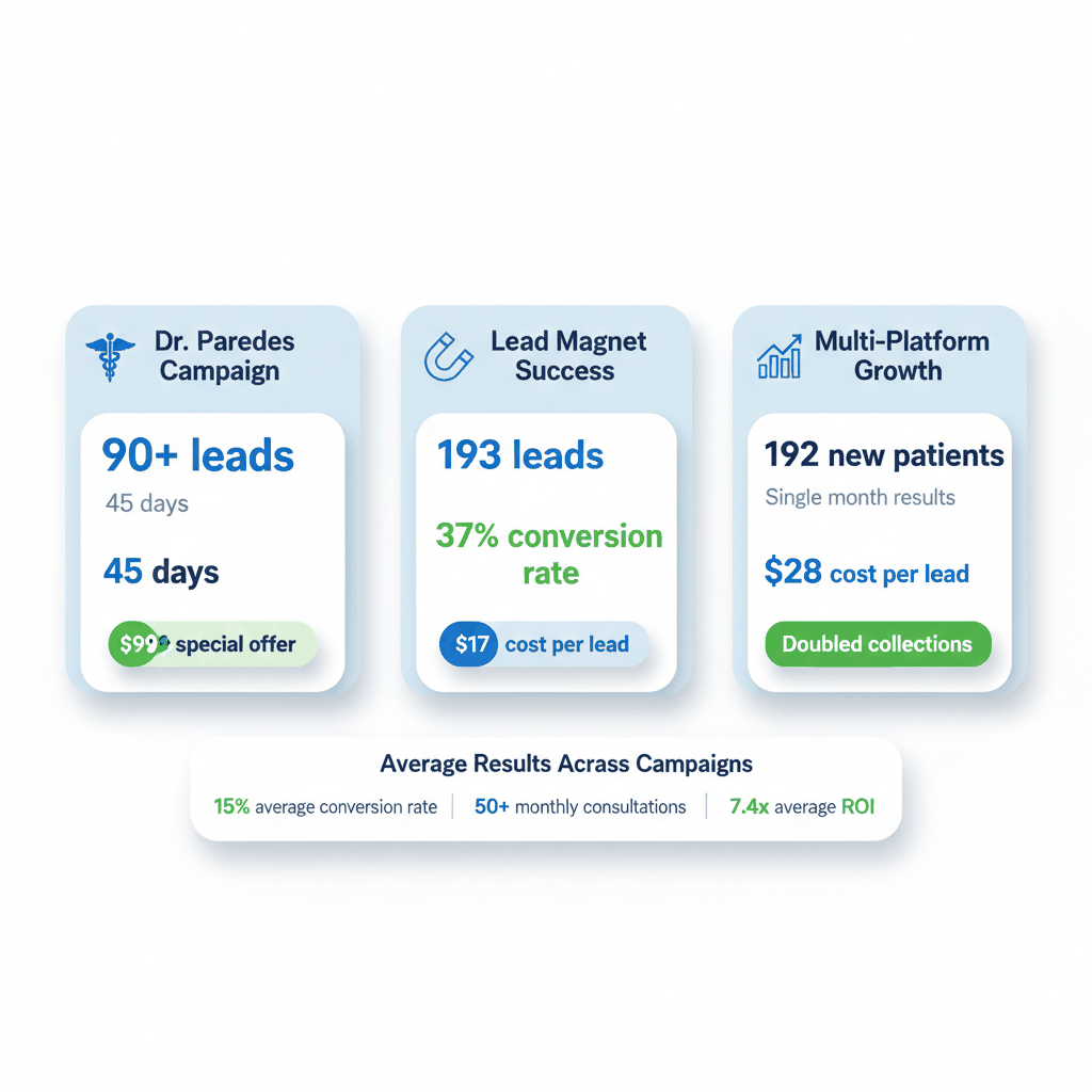 Dental practice Facebook advertising case study results showing lead generation, conversion rates, and ROI achievements across multiple successful campaigns