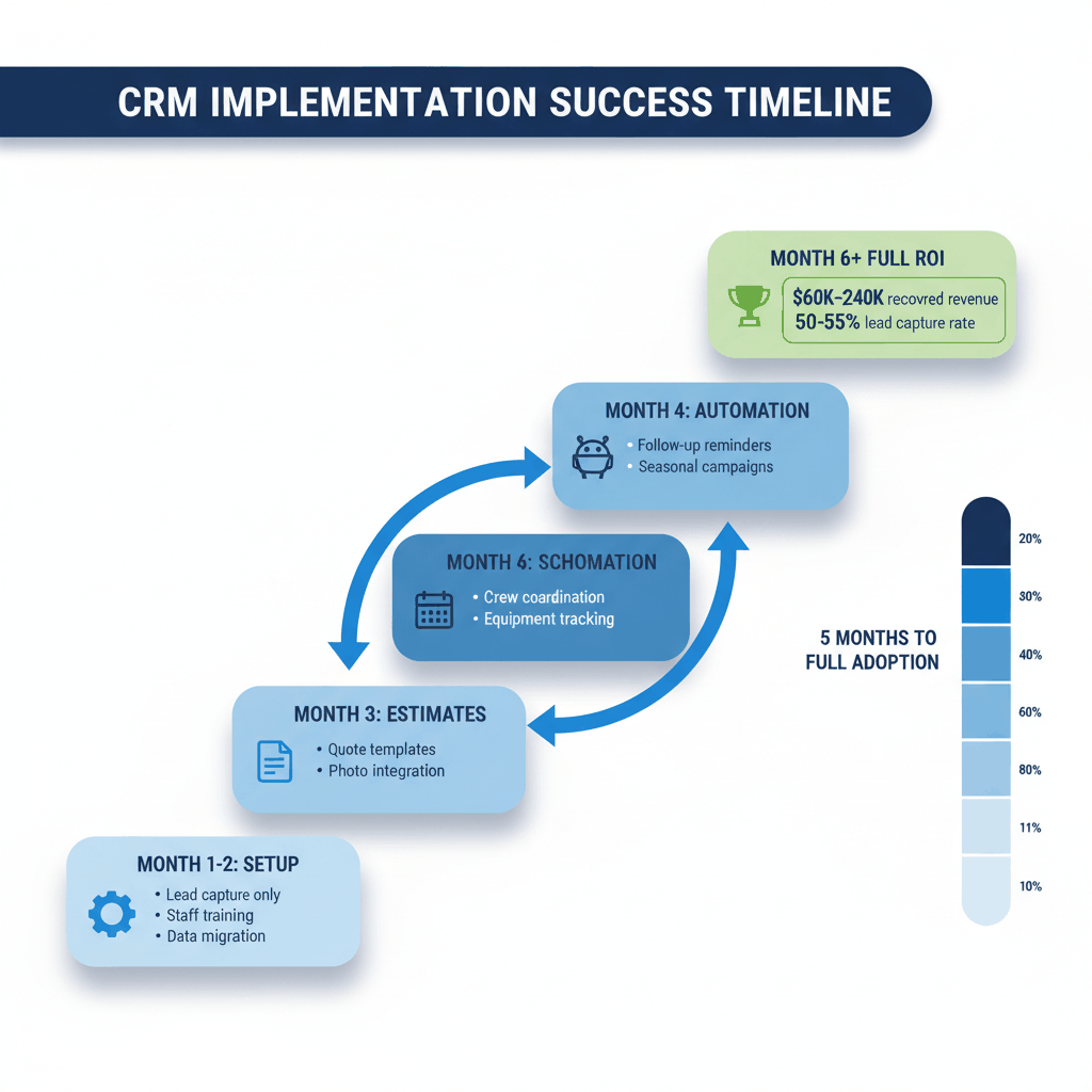 Tree service CRM implementation timeline showing 5-month adoption process from setup to full ROI with revenue recovery milestones
