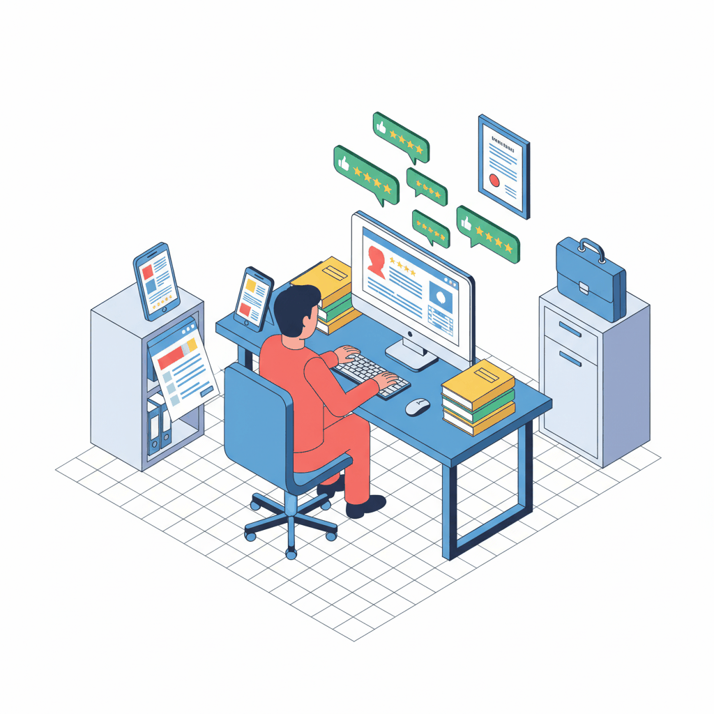 Isometric illustration of MVA attorney managing online reputation at organized workspace - legal reputation management for attorneys