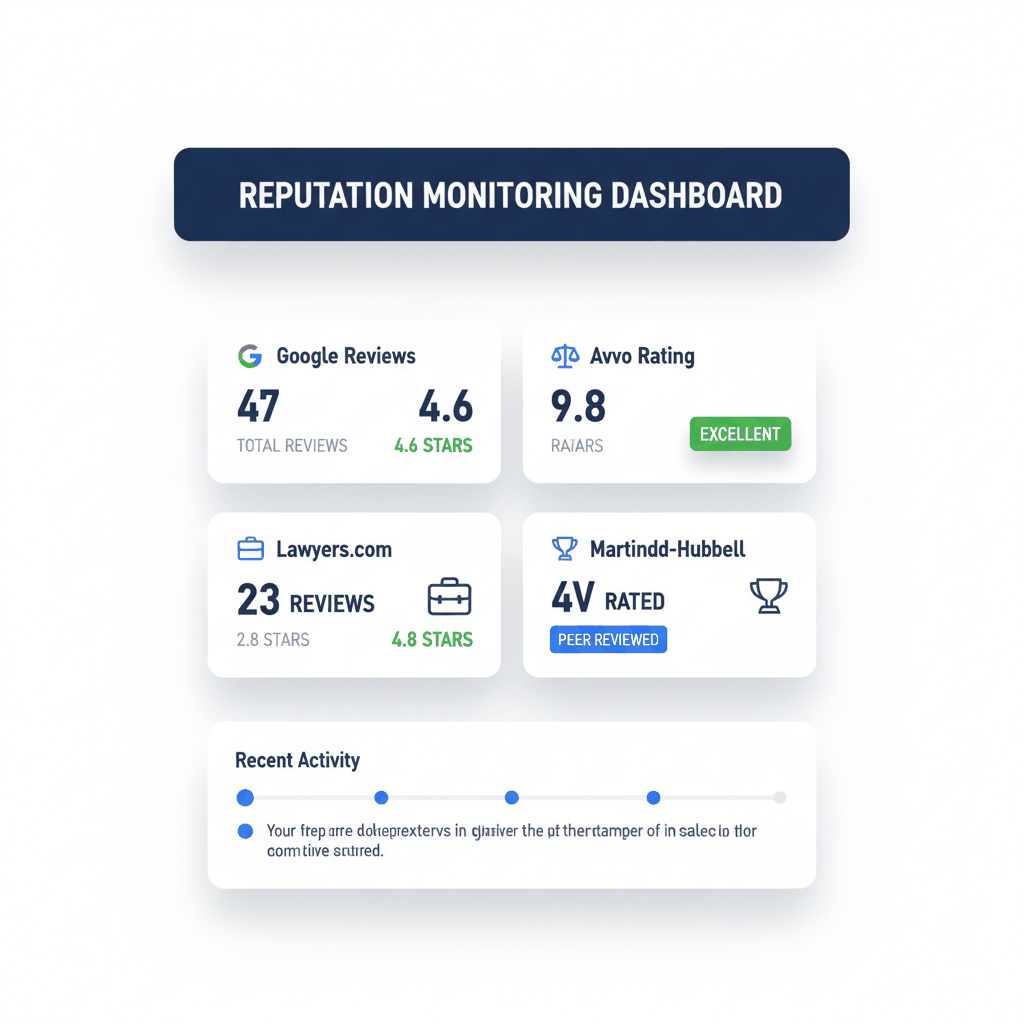 Legal reputation monitoring dashboard showing Google Reviews, Avvo, Lawyers.com, and Martindale-Hubbell ratings - attorney review management tools