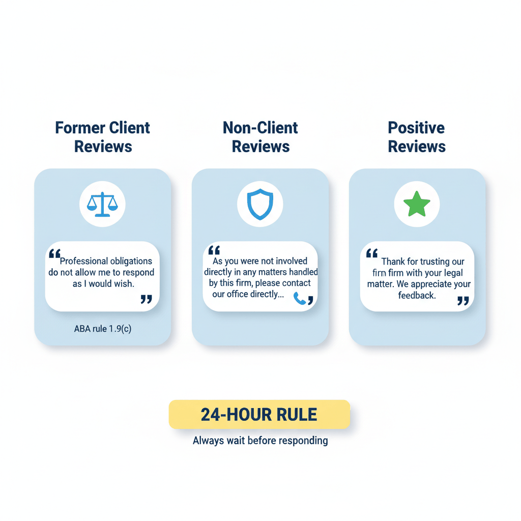 Ethical response templates for attorney reviews showing ABA-compliant language for former clients, non-clients, and positive feedback - legal review response strategy