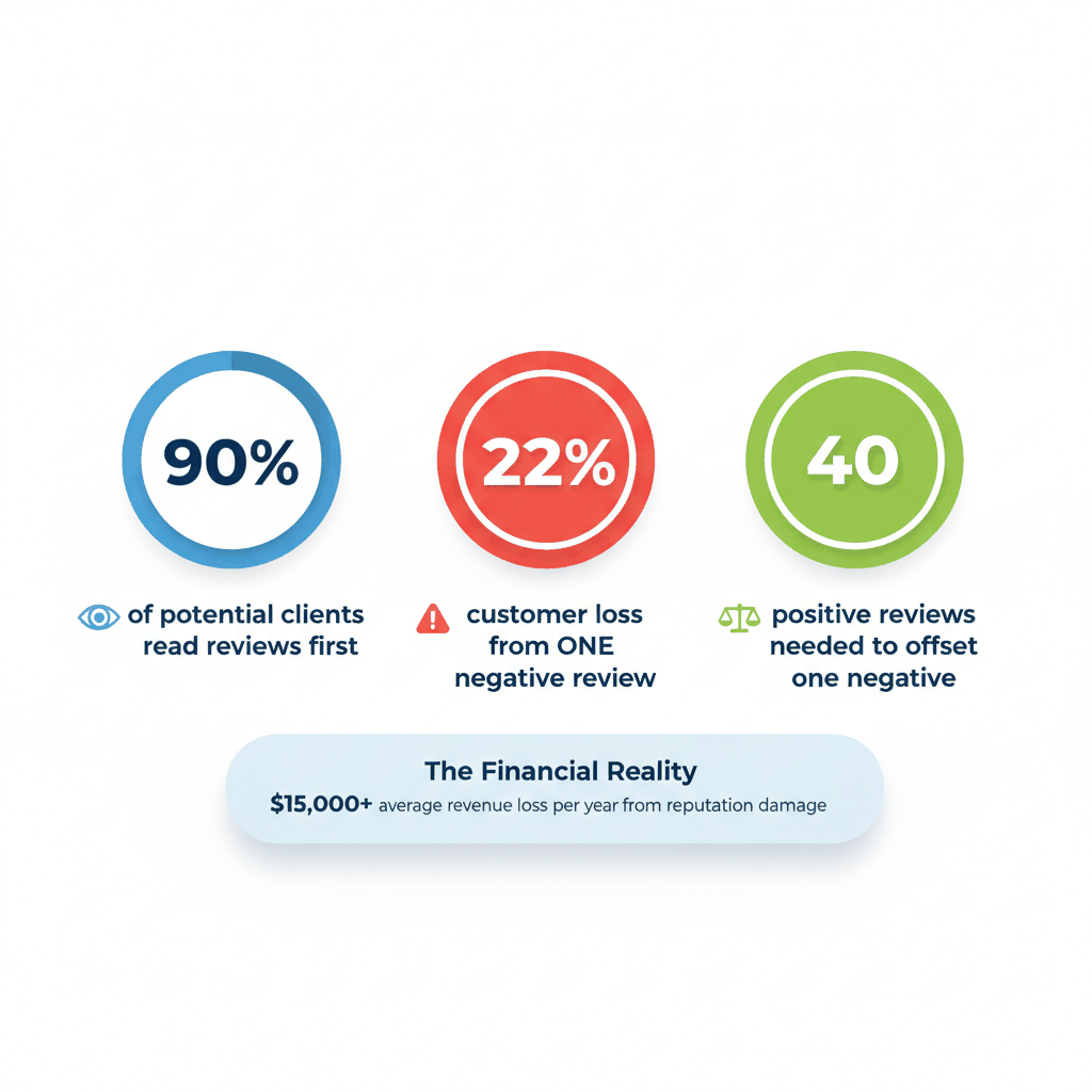 Legal reputation management statistics showing 90% client review reading, 22% customer loss from negative reviews, and 40:1 positive review ratio - attorney reputation impact data