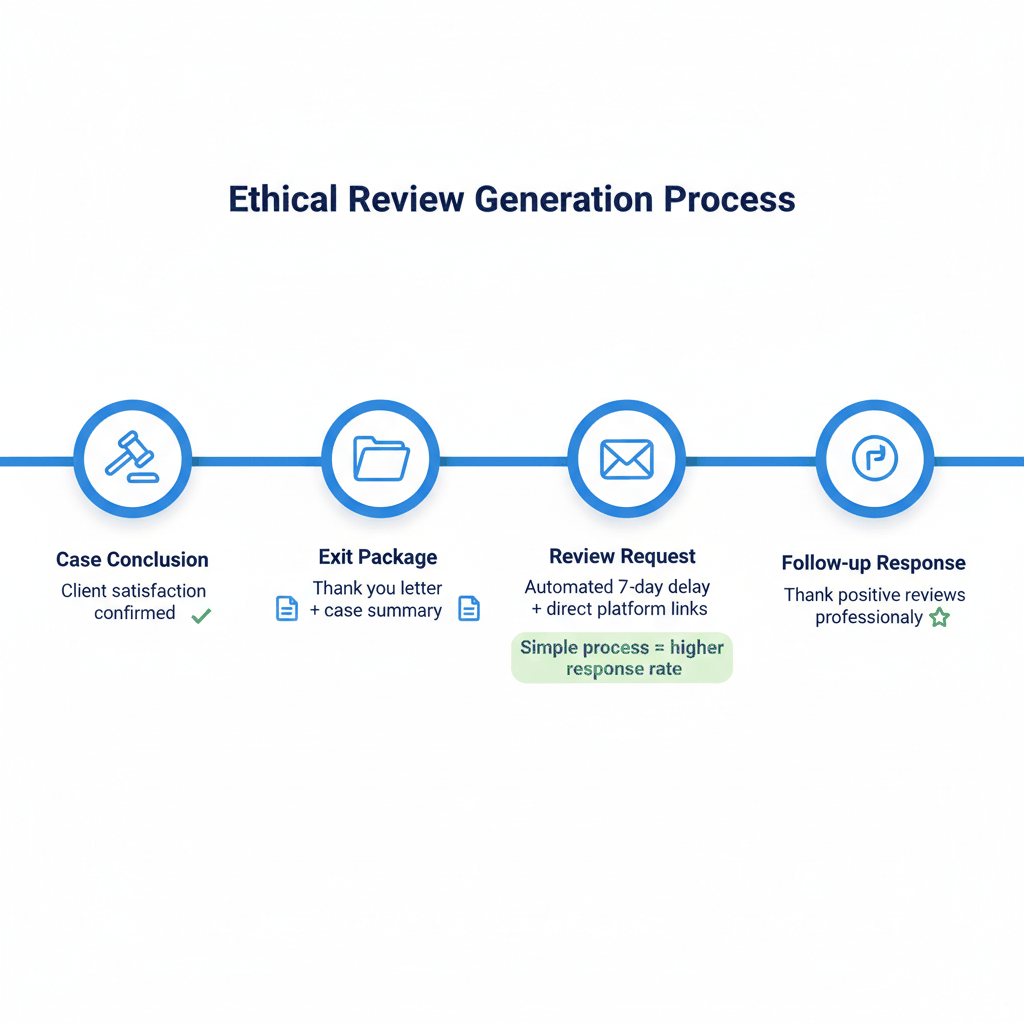 Legal review request process timeline showing case conclusion, exit package, review request, and follow-up response stages - ethical attorney review generation strategy