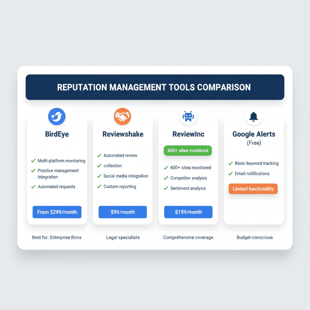 Legal reputation management tools comparison showing BirdEye, Reviewshake, ReviewInc, and Google Alerts features and pricing - attorney monitoring software guide