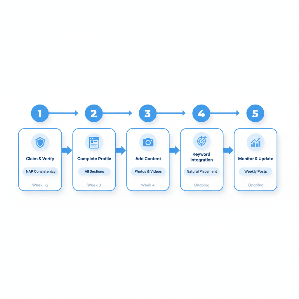 Five-step Google Business Profile optimization process for Medicare agents with timeline and key actions