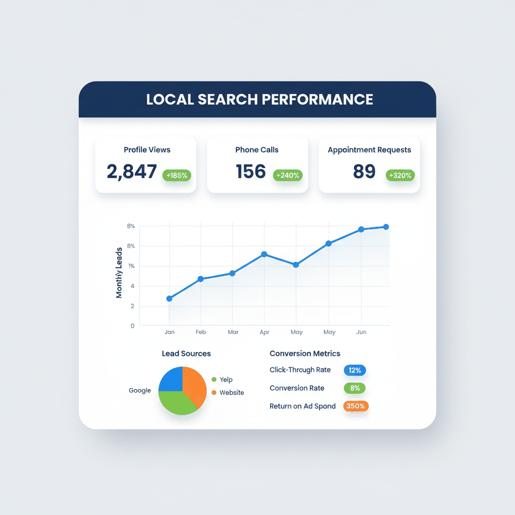 Medicare agent local search performance analytics dashboard showing profile views, phone calls, and lead generation metrics