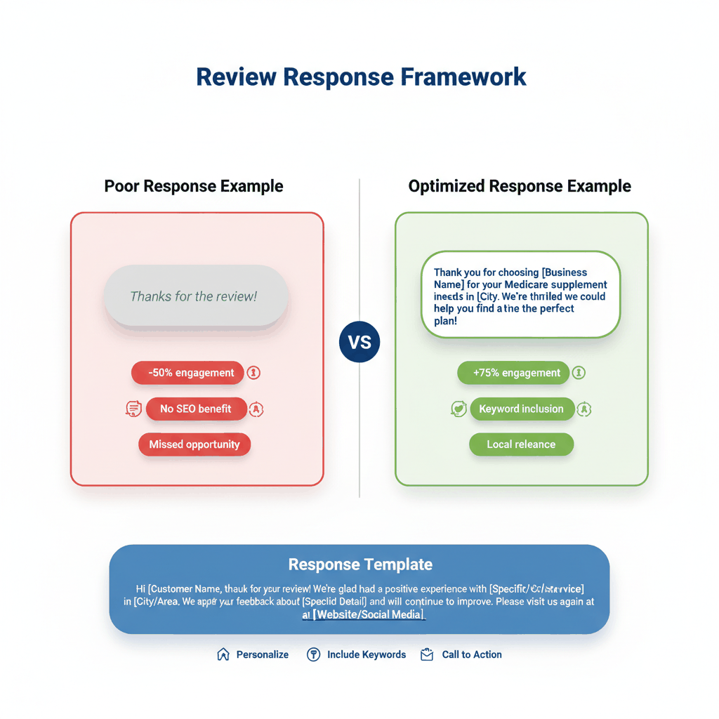 Medicare agent review response strategy comparison showing poor versus optimized responses with SEO benefits