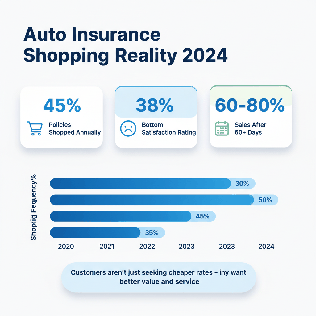 Auto insurance shopping statistics infographic showing 45% policy shopping rate and customer satisfaction data for price objection handling