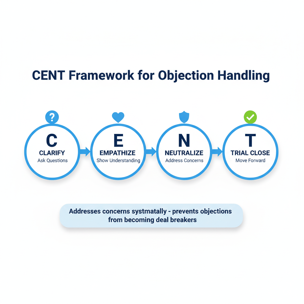 CENT framework diagram for handling auto insurance sales objections - Clarify, Empathize, Neutralize, Trial Close process