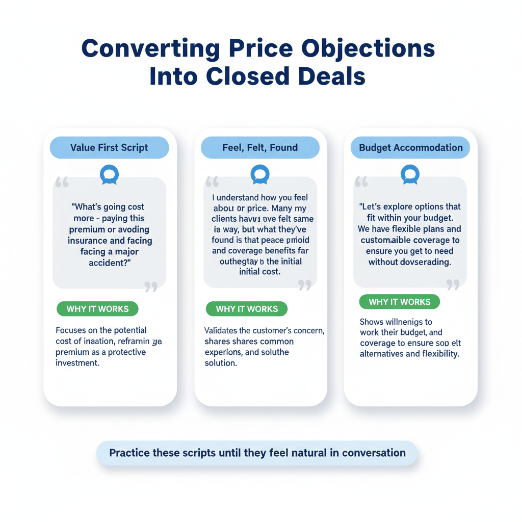Auto insurance sales script comparison showing Value First, Feel Felt Found, and Budget Accommodation techniques for price objections