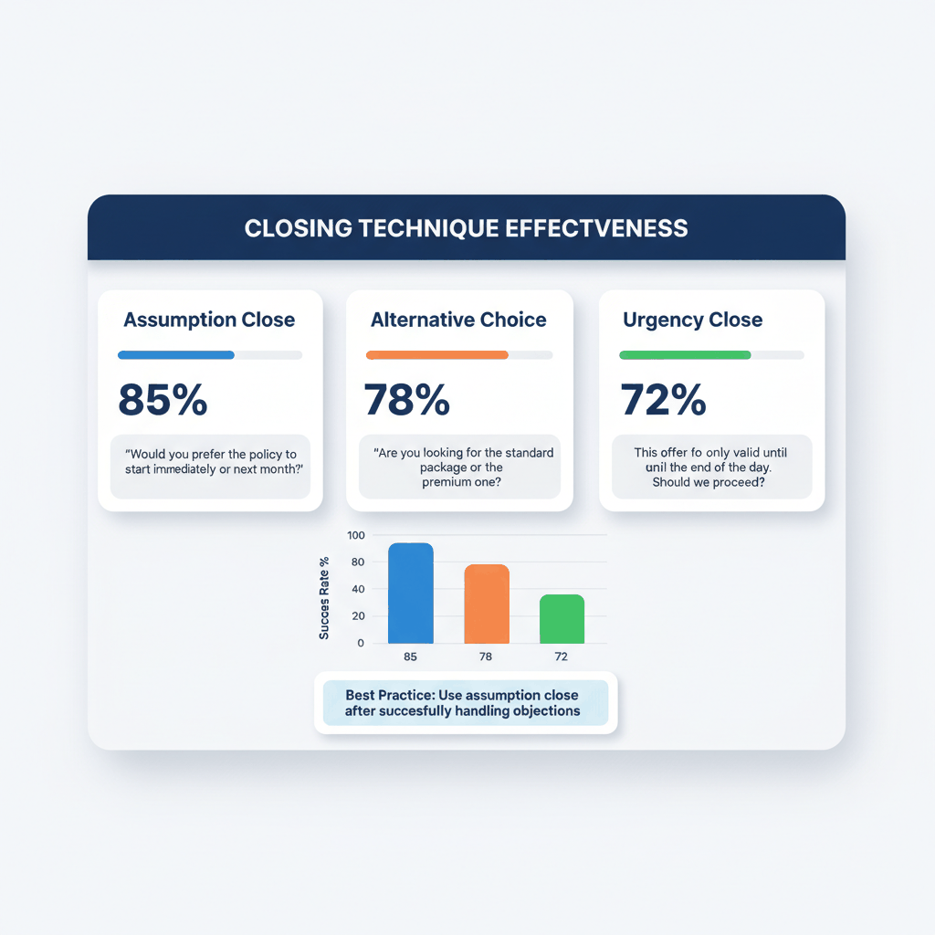 Auto insurance closing techniques effectiveness comparison showing Assumption Close at 85%, Alternative Choice at 78%, and Urgency Close at 72%
