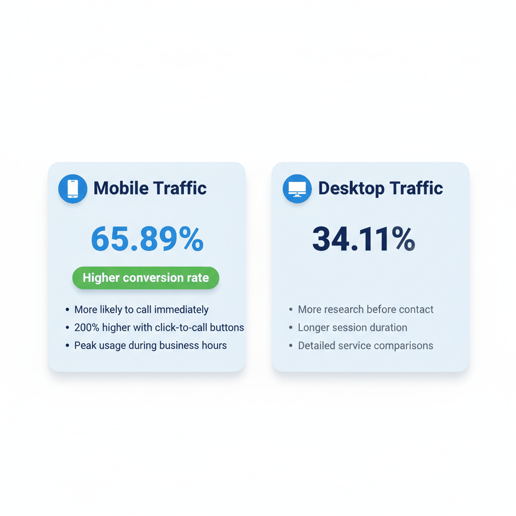 Mobile vs desktop traffic comparison showing 65.89% mobile usage for window installer websites with higher conversion rates