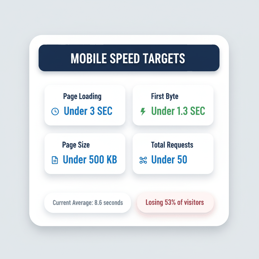 Mobile website speed optimization targets dashboard showing under 3 seconds loading time goals for window installer websites