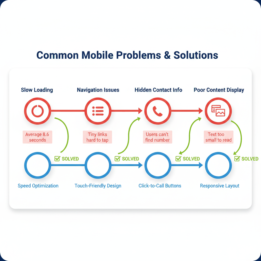 Timeline showing common mobile website problems and solutions for window installer websites including slow loading and navigation issues