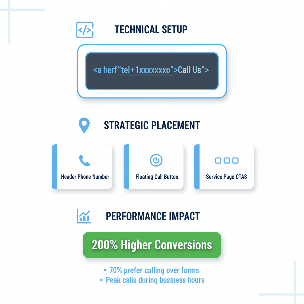 Click-to-call implementation guide showing technical setup, strategic placement, and 200% higher conversion results for window installers