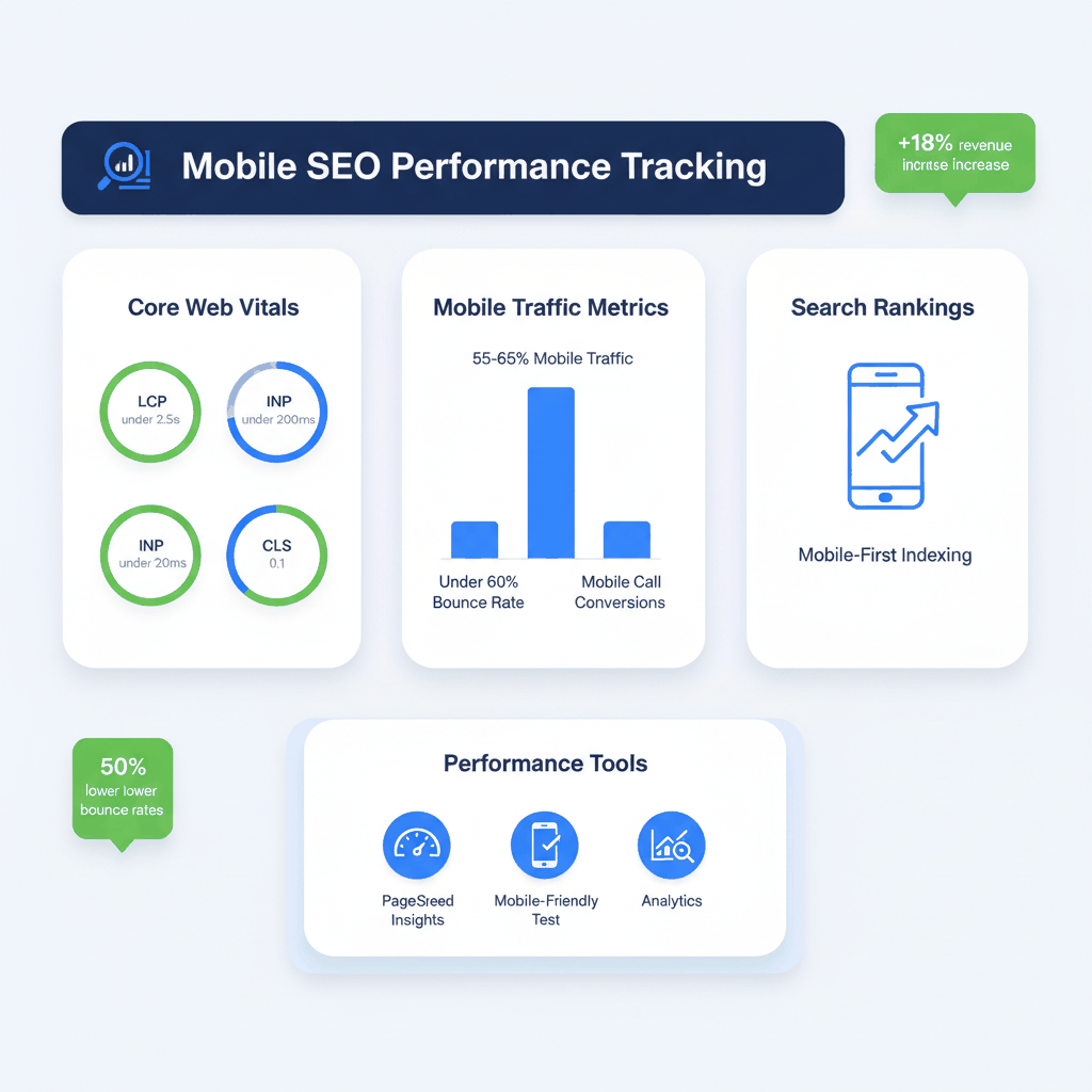 Mobile SEO performance dashboard showing Core Web Vitals, traffic metrics, and ranking factors for window installer websites