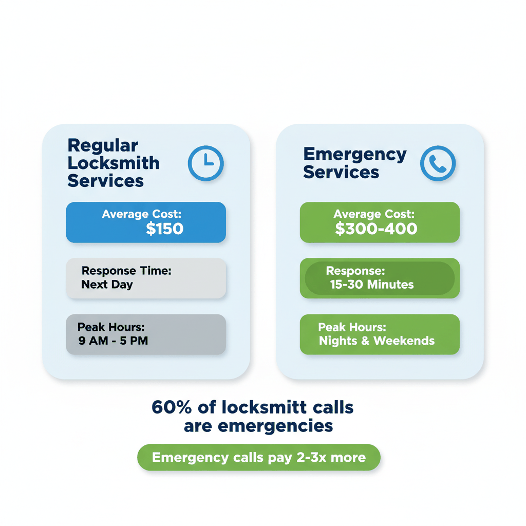 Emergency vs regular locksmith services comparison showing higher revenue and faster response times for 24-hour emergency calls