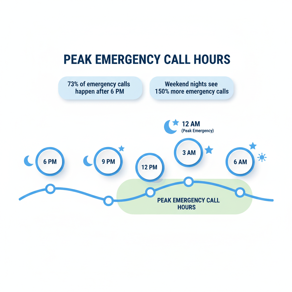 24-hour timeline showing peak emergency locksmith call hours from 9 PM to 6 AM with highest demand at midnight