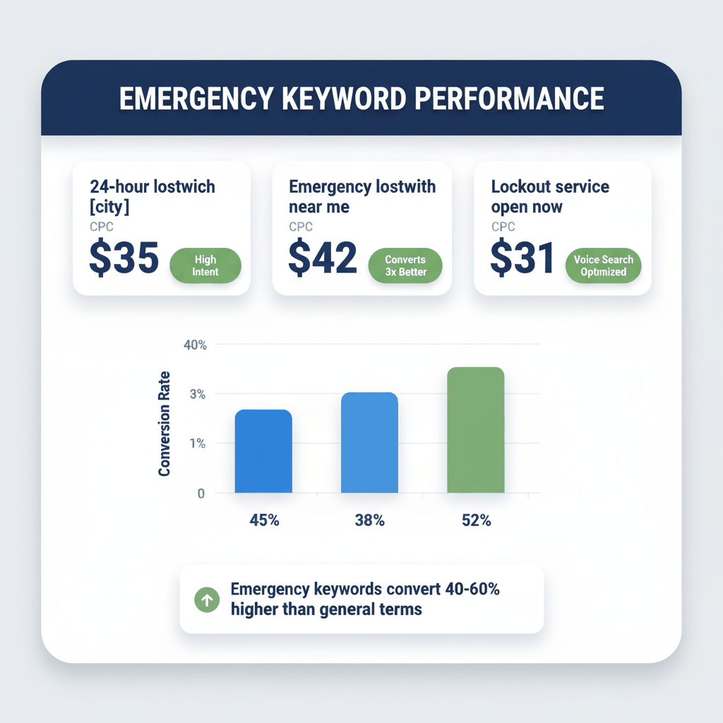 Emergency locksmith keyword performance dashboard showing costs per click and conversion rates for 24-hour and emergency search terms