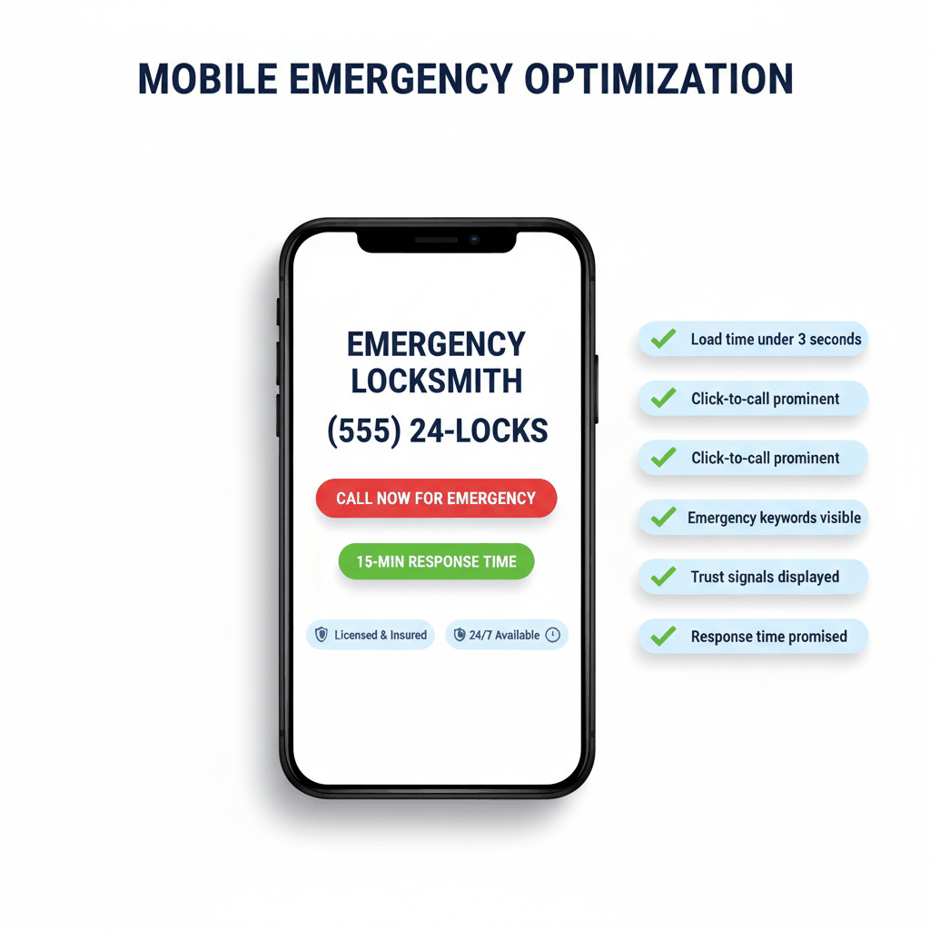 Mobile emergency locksmith website optimization showing prominent call button, response time promise, and trust signals for 24-hour service