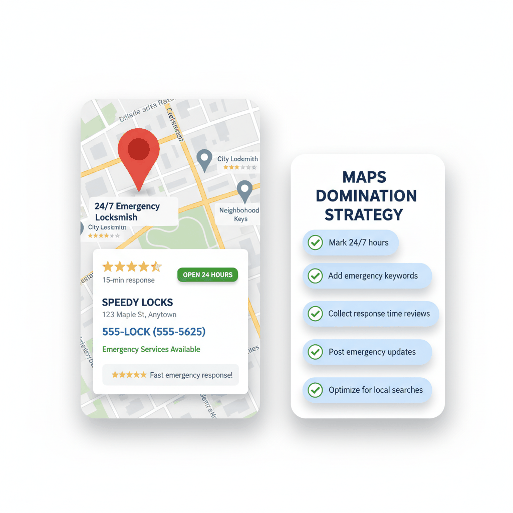 Google Maps emergency locksmith optimization showing 24-hour business listing dominating local search results with 5-star reviews