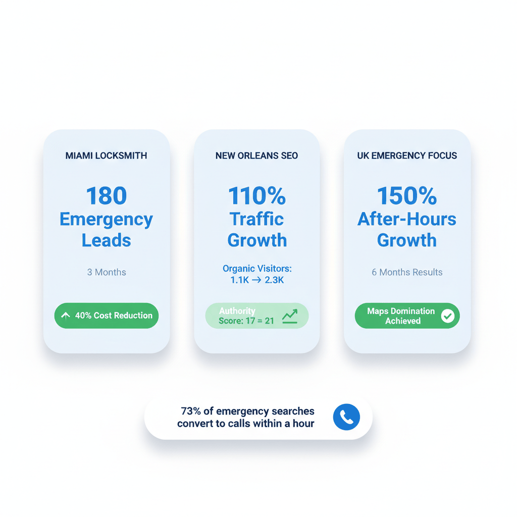 Emergency locksmith marketing success metrics showing 180 leads, 110% traffic growth, and 150% increase in after-hours calls from case studies