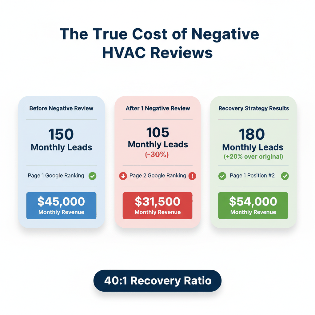 HVAC business dashboard showing revenue impact of negative reviews and recovery strategy results with 40:1 positive review ratio
