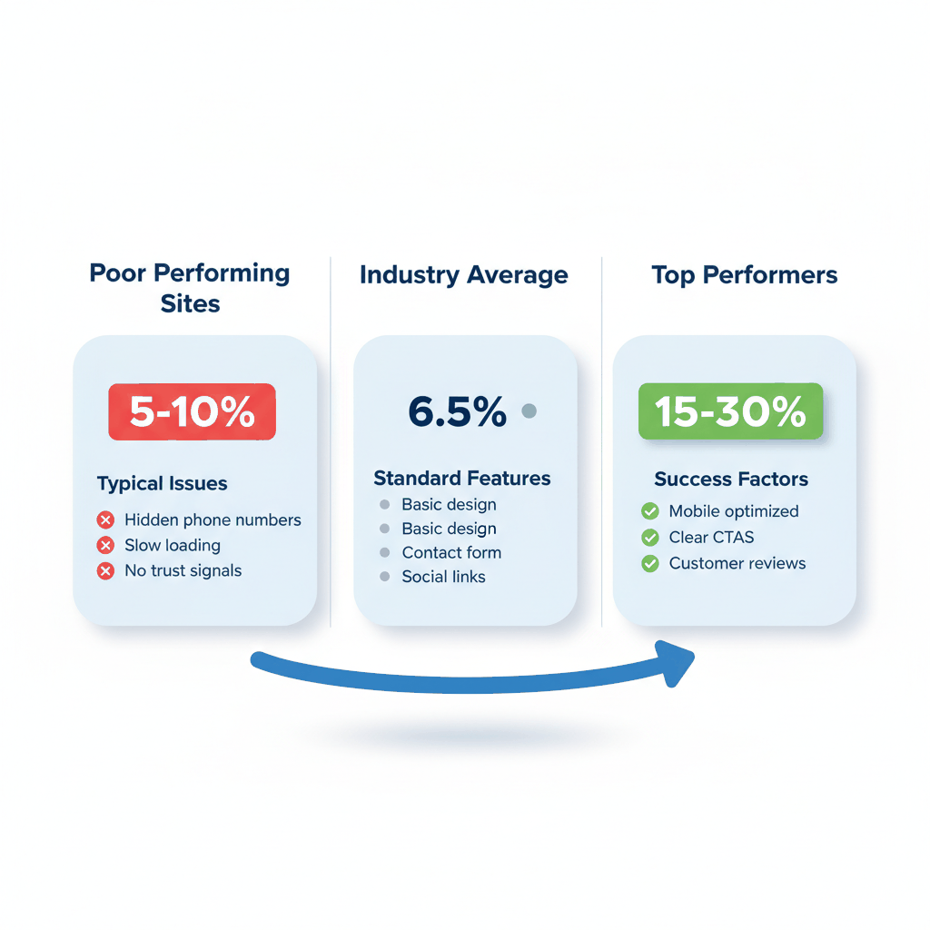 HVAC website conversion rate comparison showing 5-10% poor performance vs 15-30% top performers - conversion optimization strategies