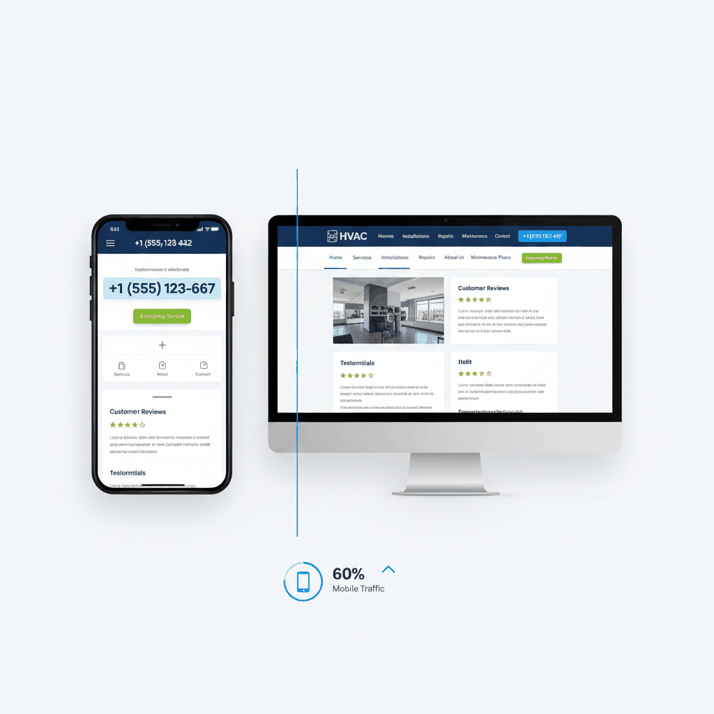 Mobile vs desktop HVAC website comparison showing 60% mobile traffic optimization - mobile-first conversion design