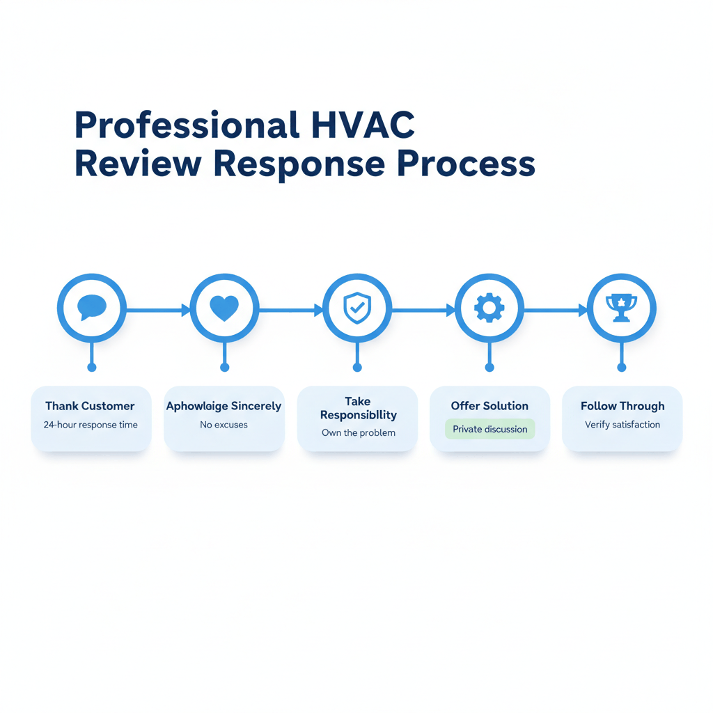 Six-step professional HVAC review response process framework showing timeline from customer thank you to follow-through verification