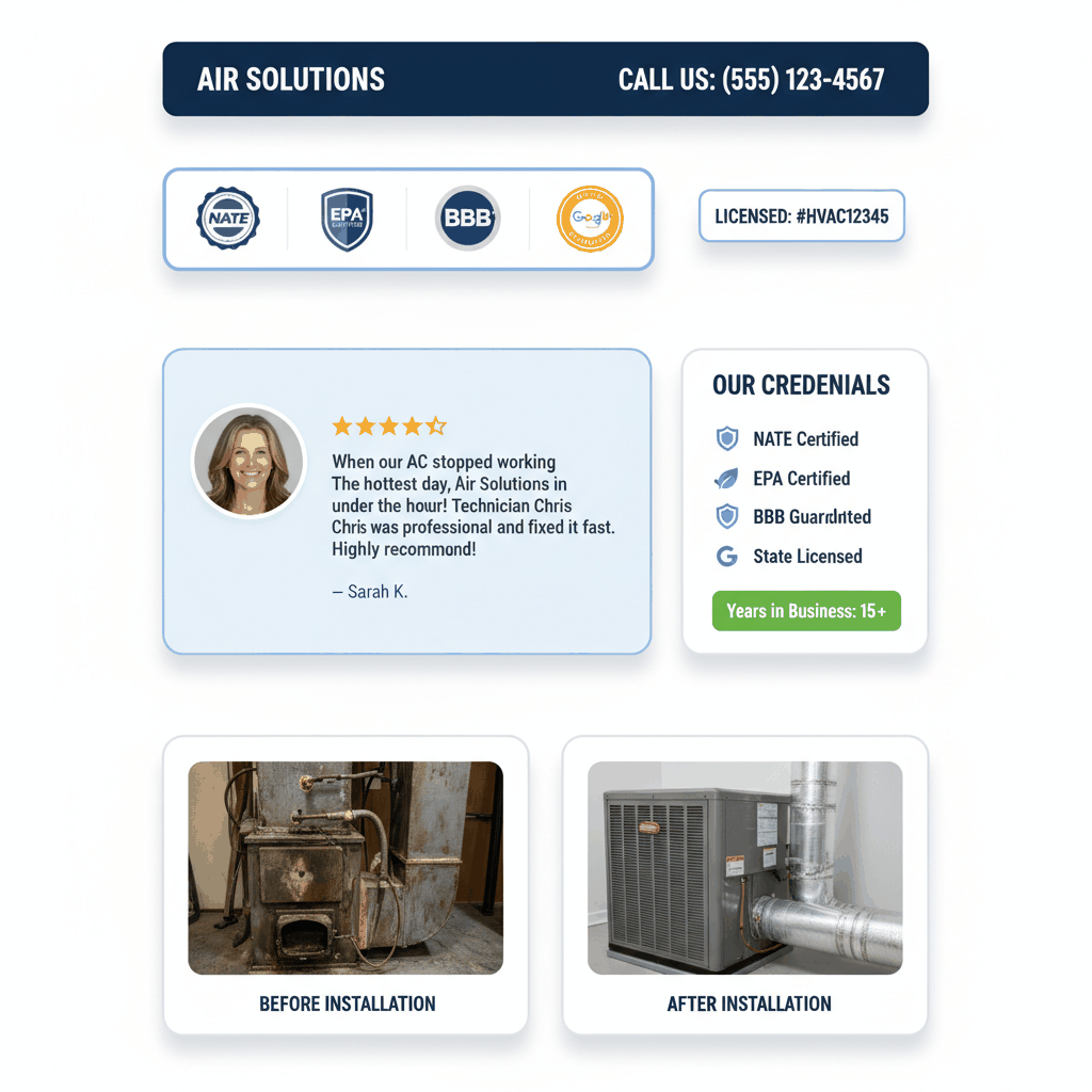 HVAC website trust signals and certifications layout showing NATE, EPA, BBB credentials - building customer confidence