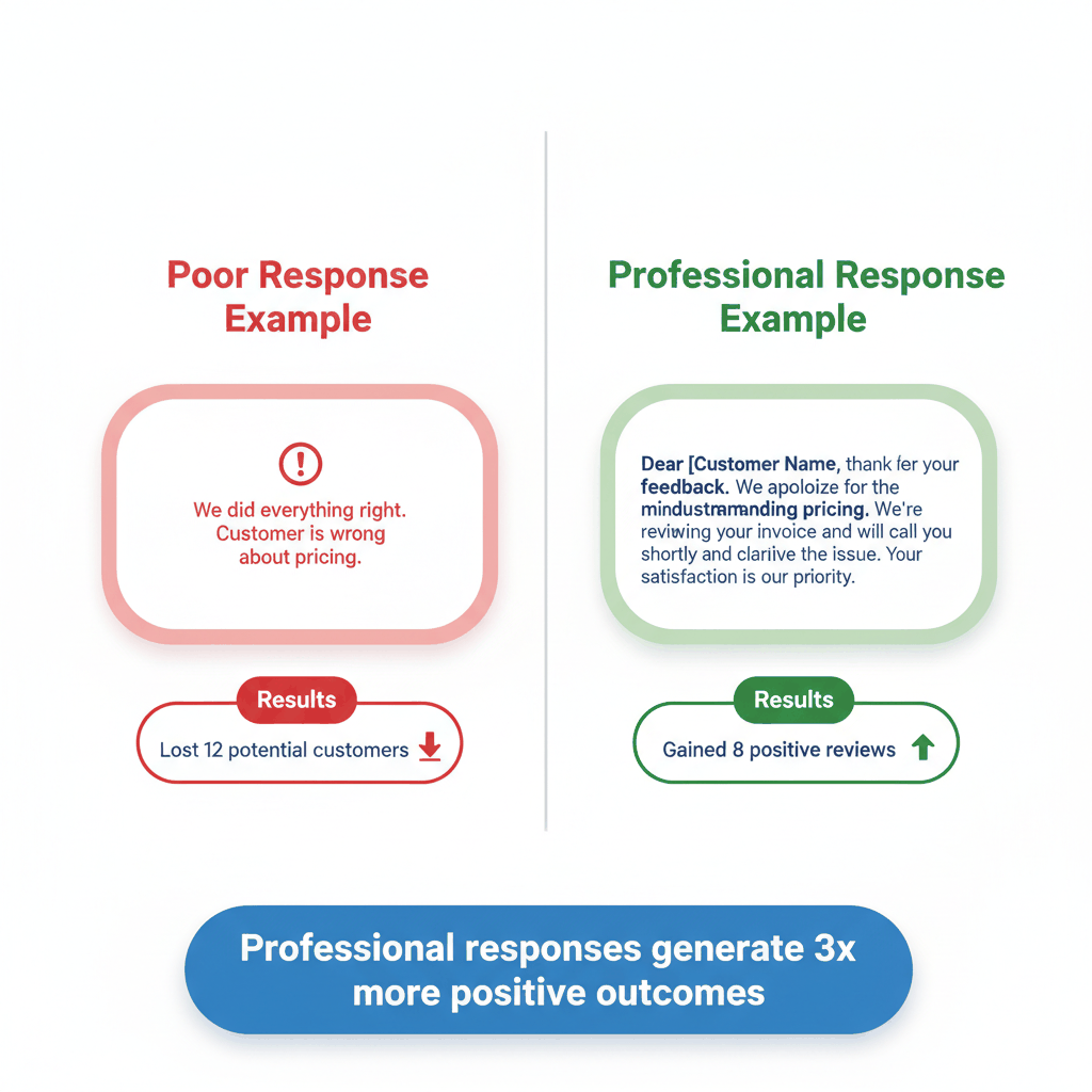 Comparison showing poor versus professional HVAC review response examples with measurable outcome differences