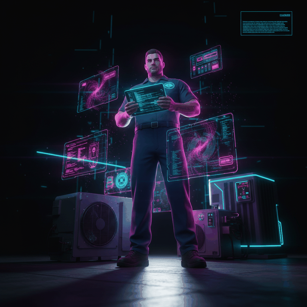 Futuristic HVAC technician with advanced diagnostic technology - successful HVAC business automation systems