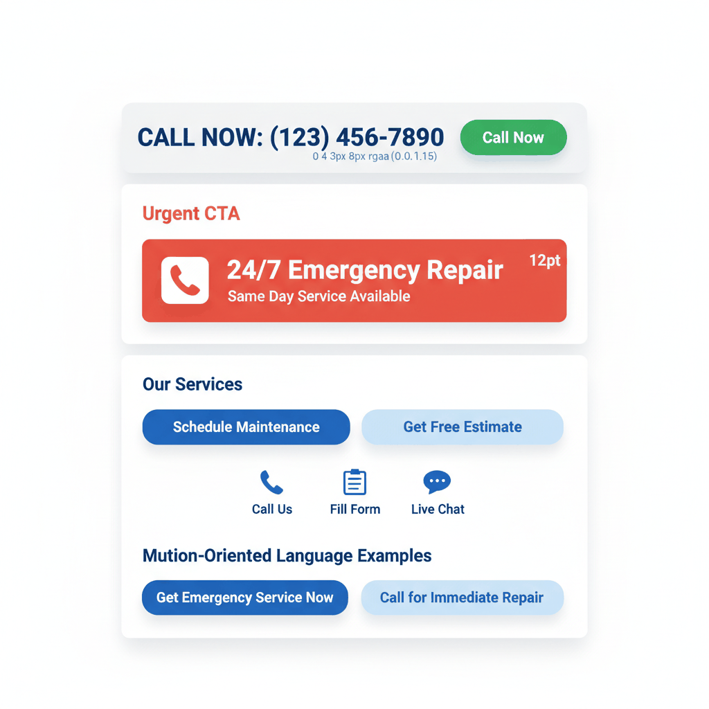 HVAC website call-to-action button optimization showing emergency service CTAs and phone number placement - conversion strategy