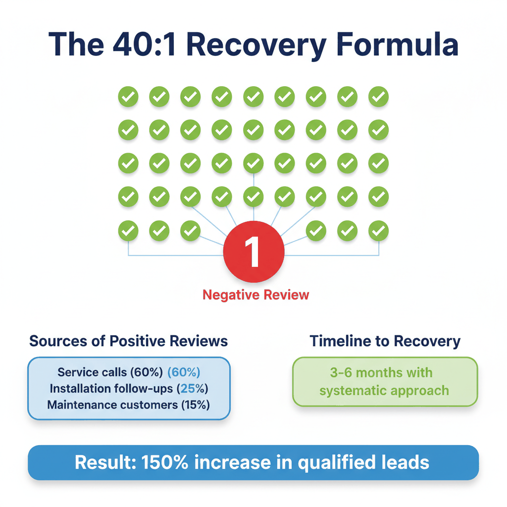 Visual diagram of 40:1 positive review recovery strategy showing one negative review surrounded by 40 positive reviews needed for reputation repair