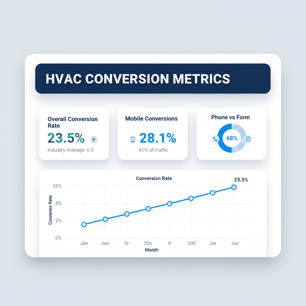 HVAC website conversion tracking dashboard showing 23.5% conversion rate improvement - analytics and measurement