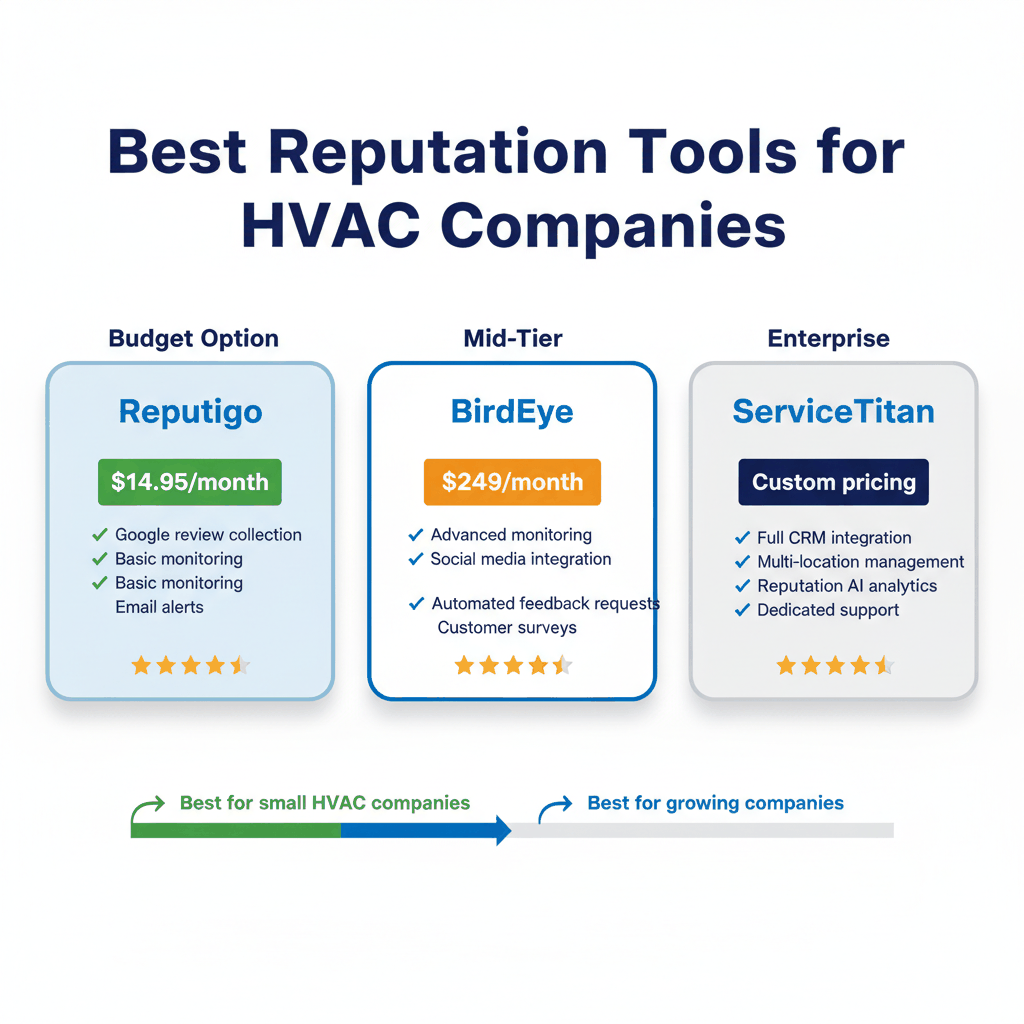 Comparison chart of reputation management software for HVAC companies showing Reputigo, BirdEye, and ServiceTitan pricing and features