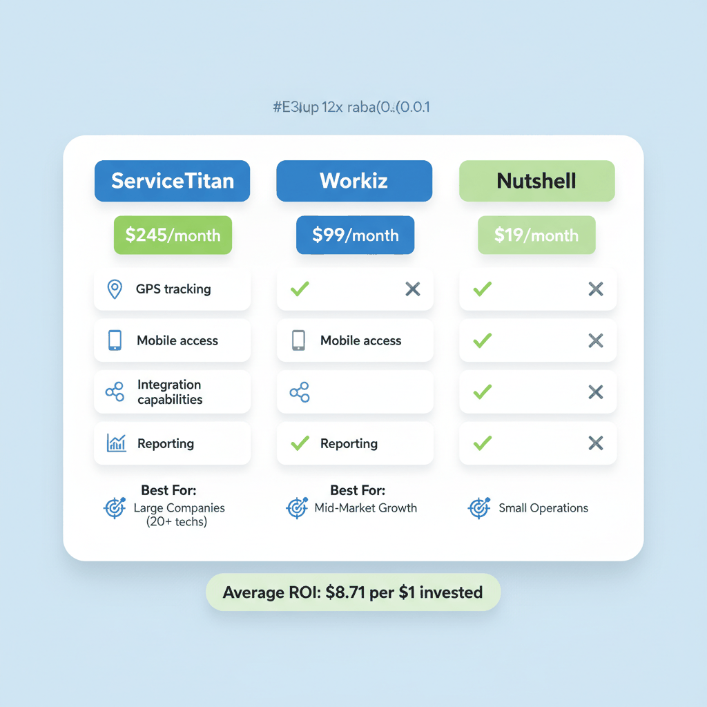 HVAC CRM software comparison showing ServiceTitan vs Workiz vs Nutshell features and pricing for different business sizes