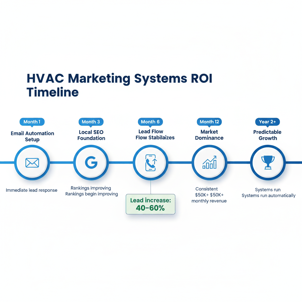 HVAC marketing systems ROI timeline showing results from month 1 through year 2 with key milestones and revenue improvements