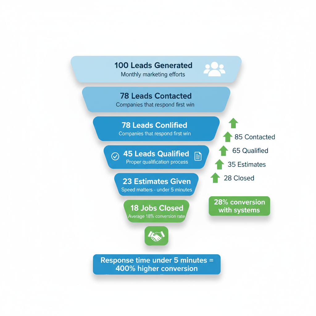 HVAC lead management conversion funnel showing typical vs optimized conversion rates with systematic follow-up processes