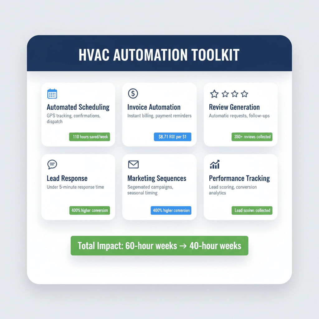 HVAC business automation tools dashboard showing scheduling, invoicing, review generation and lead response systems with time savings metrics