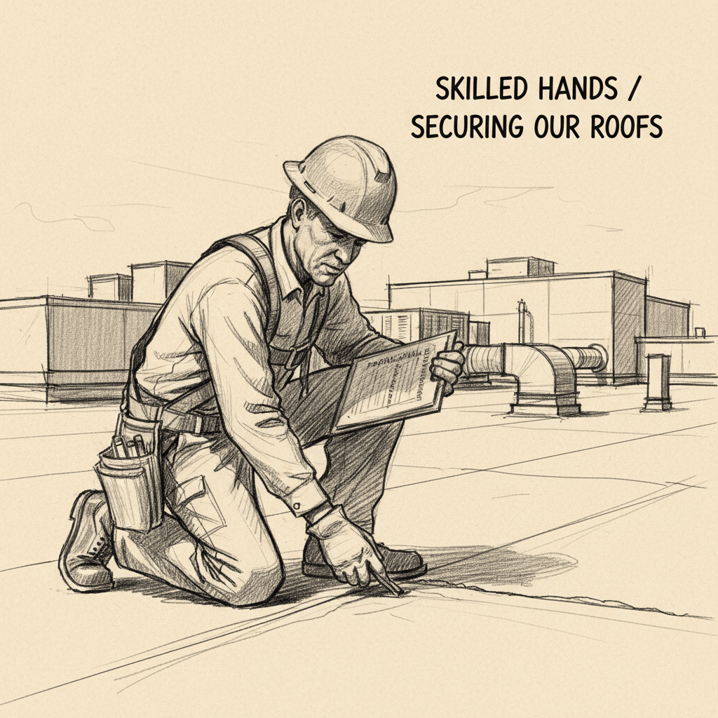 Hand-drawn charcoal sketch of professional roofer performing maintenance inspection - roofing maintenance program