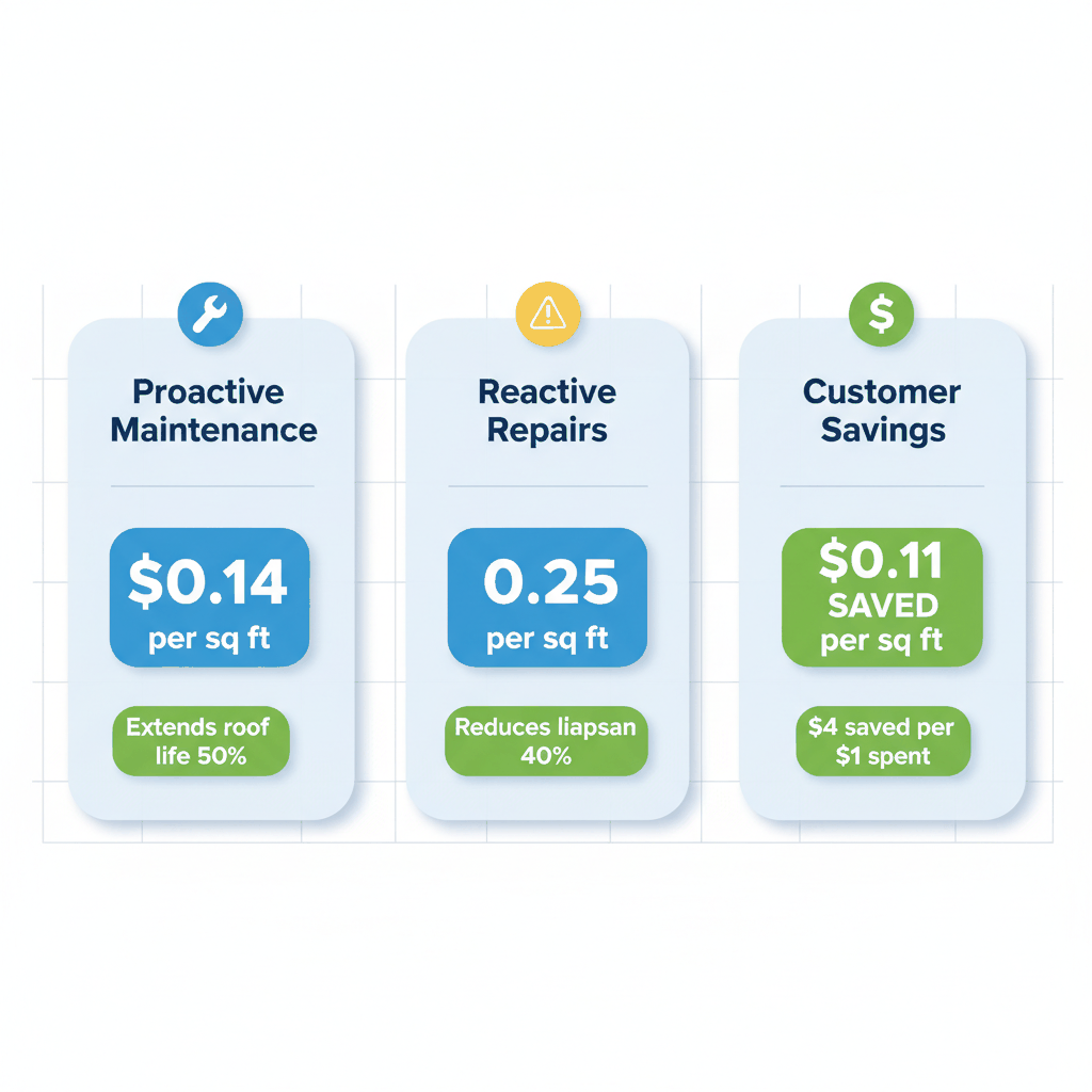 Cost comparison chart showing proactive maintenance at $0.14 per square foot versus reactive repairs at $0.25 per square foot - roofing maintenance program savings