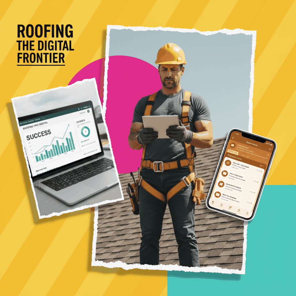 Mixed media photo collage of roofing contractor using email automation technology for lead generation success