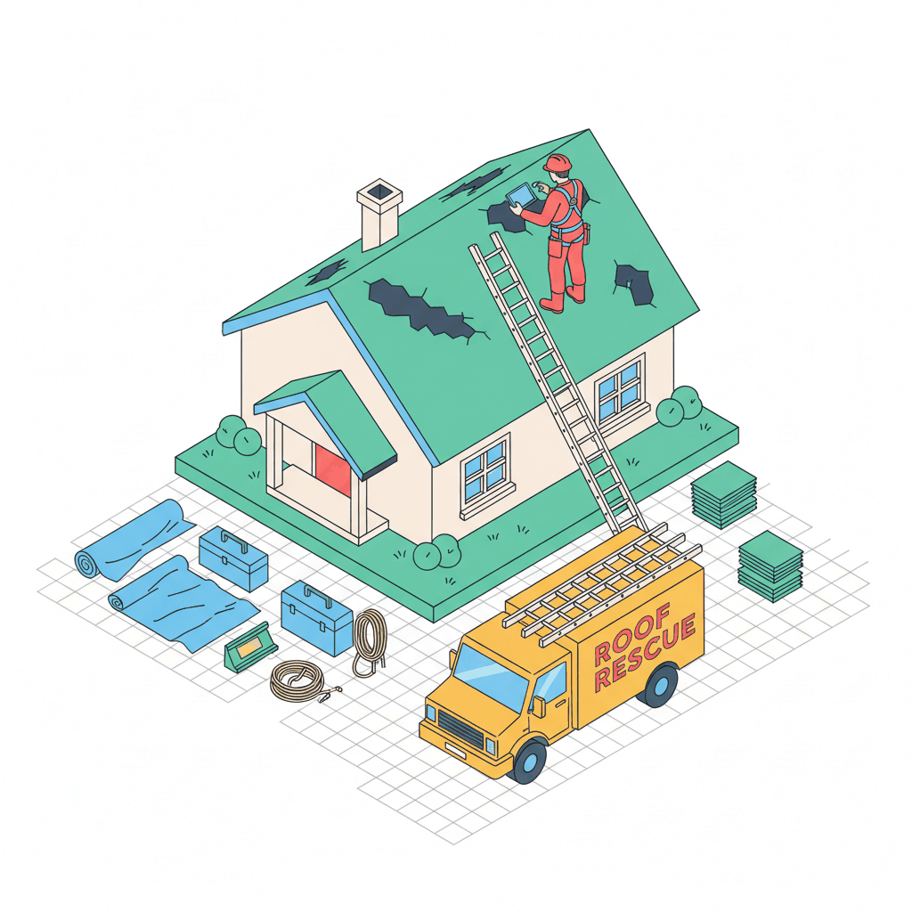 Isometric illustration of professional roofer conducting emergency roof inspection with organized equipment setup - Google Ads for roofers emergency repair marketing