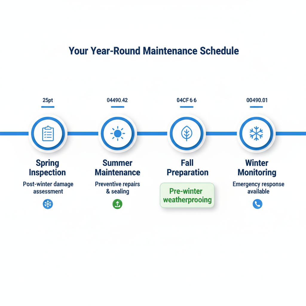 Year-round roofing maintenance timeline showing spring inspection, summer maintenance, fall preparation, and winter monitoring services