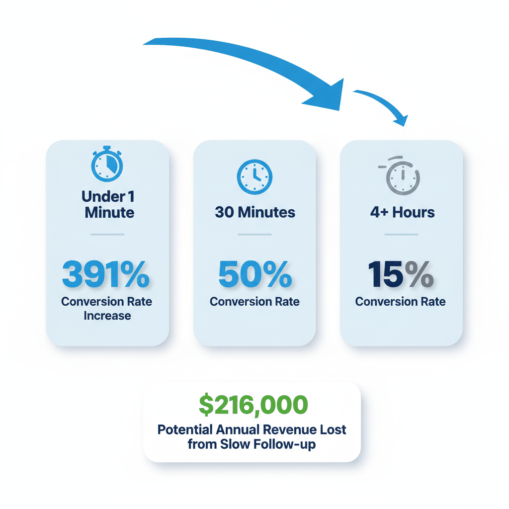 Email response speed impact chart showing 391% conversion increase for roofing contractors responding under 1 minute versus slower response times