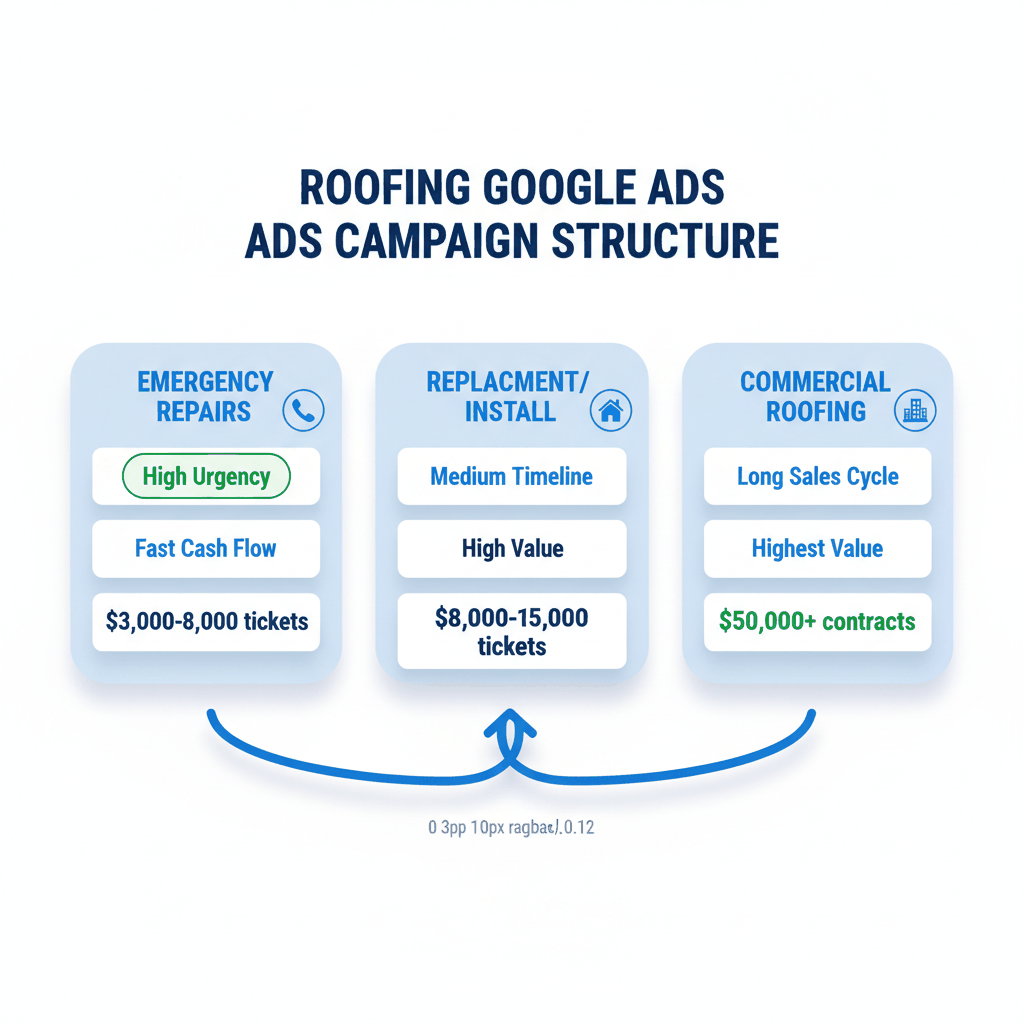 Three-column comparison chart showing Google Ads campaign structure for roofing contractors - emergency repairs, replacements, and commercial projects with conversion values